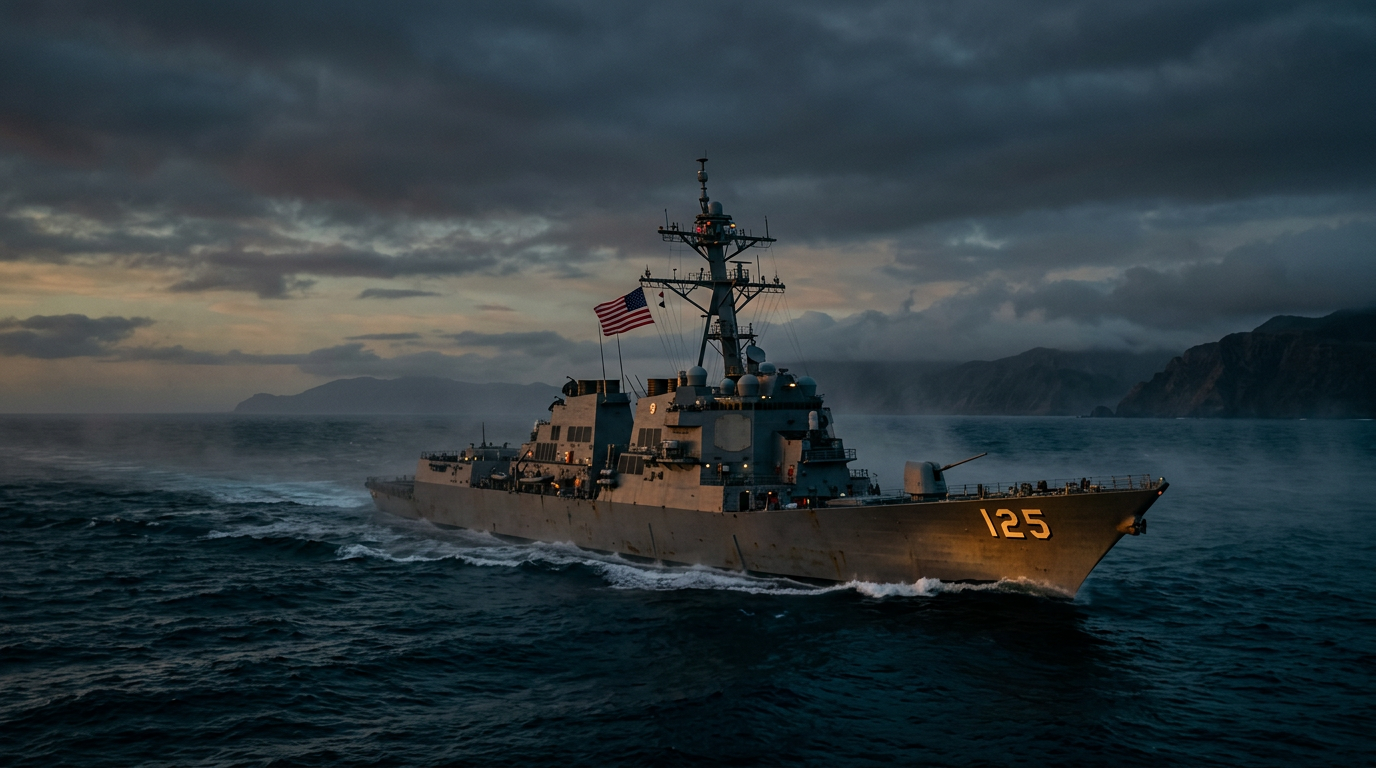 Modern Arleigh Burke-class Flight III guided missile destroyer at sea in twilight